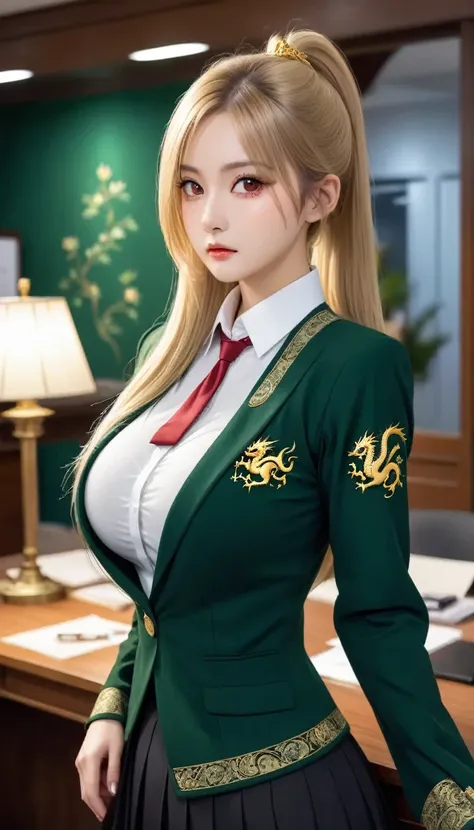 light particles, soft lighting, volumetric lighting, intricate details, finely detailed,1girl, solo, office worker, full body shot, (nudity:1.0), (beautiful and ample breasts:1.5) and a huge waist,blonde hair, long hair, high ponytail,red eyes, long eyelas...