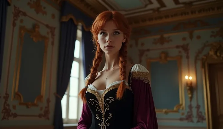 Close-up of an imposing figure, a powerful woman in a Princess Anna costume ((60 years old with large breasts; Anna costume; glued to the body; beautiful and elegant; (((huge breasts)); auburn hair in two braids with some white strands))) and piercing gaze...