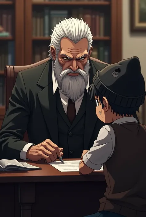 Two characters. Character 1: (rugged male, combed white hair, white beard, in a sophisticated all black suit, with a somber expression, sitting behind a desk). Character 2: (a young boy, messy black hair, ragged attire, beanie with holes in it, dirty face,...