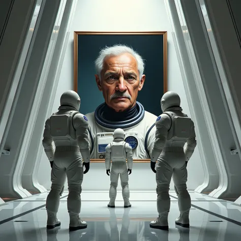 view from behind. a three tall astronauts men dressed in white spacesuits standing in a huge futuristic hall. looking at a huge three quarter oil painted portrait of an old black older male astronaut hanging on the wall.