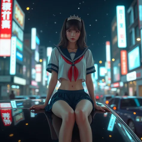 Realistic, Live-Action, (XLabs F.1 Realism LoRA V1), ExtremeAngle, ExtremelyDetailed JK Lying  on the Car,  Spread Knees Up, Haunting Beautiful Reflective Eyes, Coronet, Delicate Clothing textures, Sailor Uniform with Red Ribbon, WhitePanties, corrected le...