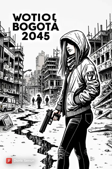 Cover for a comic where the main protagonist is a girl, she has a large closed jacket that reaches to her thighs, hair up, a gun in her hand, she is in a post-apocalyptic city, the buildings are destroyed, there is a giant crack crossing the road, grayscal...