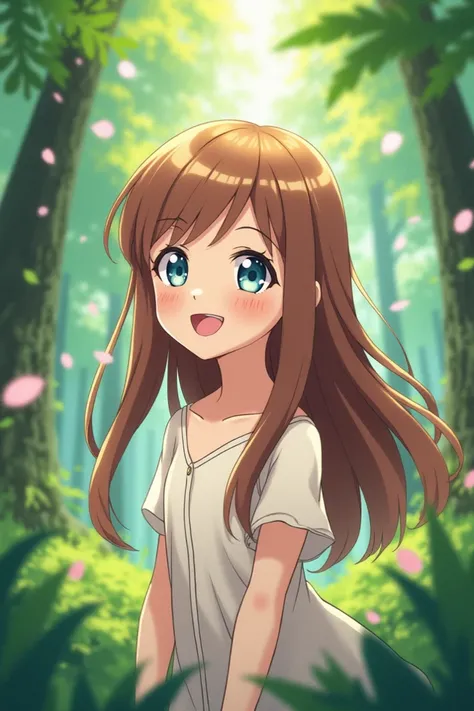 Girl with long brown hair and light blue eyes smiling in a forest anime 2,5