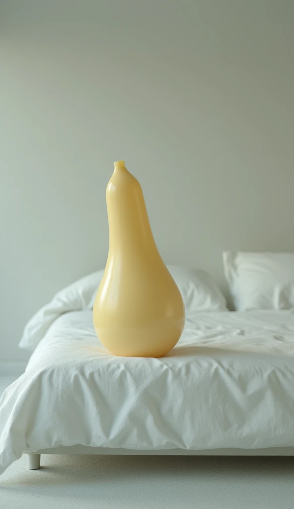 With a plastic penis on the bed