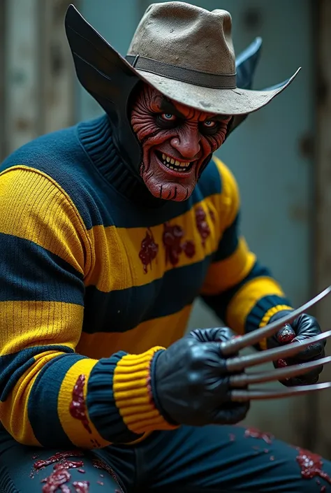  A hybrid creature between Freddy Krueger and Wolverine ,  with Freddys burned and scarred skin and a muscular body like that of Wolverine.  He wears Freddys classic worn-out hat ,  but their clothing matches the iconic colors of Wolverine : Intense yellow...