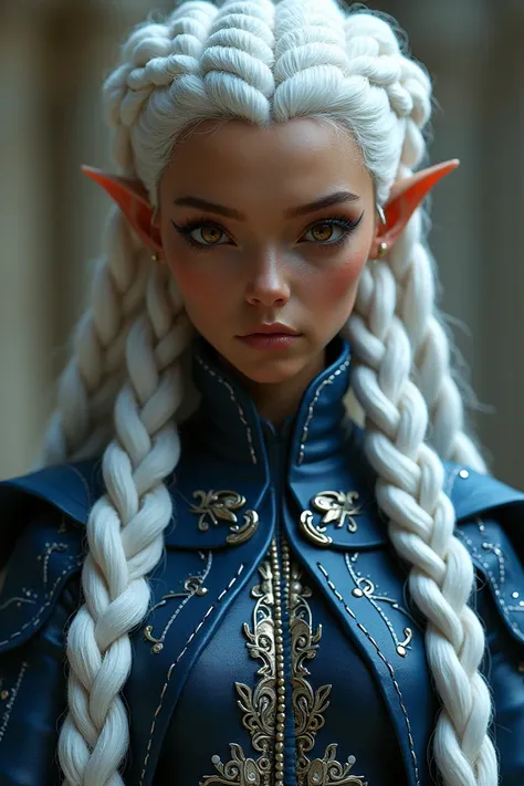  White braided hair up to the shoulders, amber eyes, brown skin, Mesamorphic size ,  dark blue costume with white details 