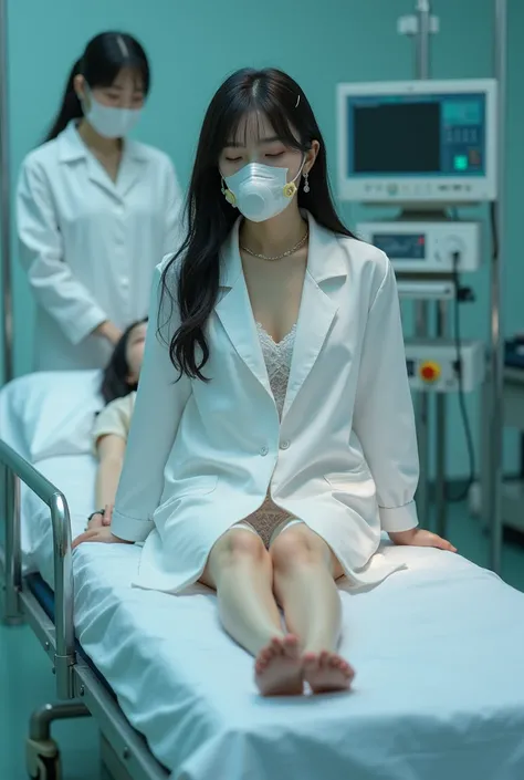 Highest quality, masterpiece,  Ultra High Resolution, 16k,  full body portrait, In the operating room ,  A beautiful Japanese girl wearing a white translucent respirator mask lies on the operating bed ,  Girl with eyes closed and legs stretched out straigh...