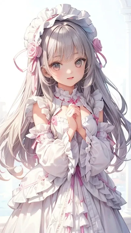 (((1 girl)))，Upper body，excellent anatomy，long hair，gray hair，skin texture、bright face，a smile that charms you，beautiful costume，intricate costumes，(lolita fashion，vintage style:1.2)、The hem of the costume is long，celebration，white background、pink coat，hig...