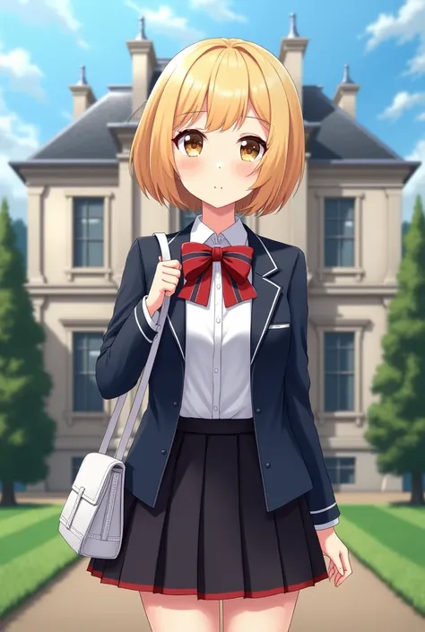 A beautiful anime girl with short blonde hair and light brown eyes.  She is wearing a uniform.  She is wearing a white shirt and a red bow tie with black stripes.  She is wearing a navy blue blazer and a black school skirt with red lines . She has a white ...