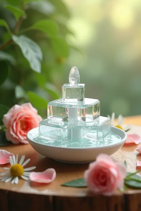 A fountain with ice cubes on a facial cleansing table and around it that there are rose petals, chamomile, pepino 