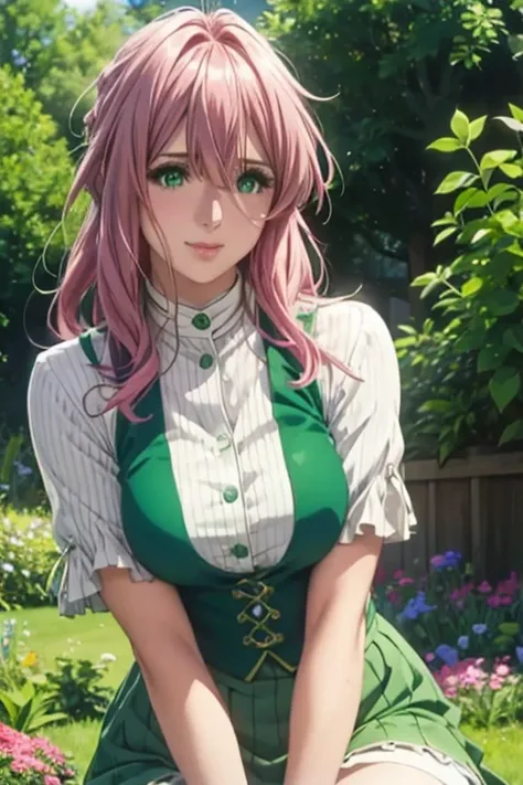 Cute girl, big breasts , long open hair, green colour clothes, white apron, green eyes and pink hair, short skirt, ultra realistic eyes , sunlight and garden background, bright purple eyes, ultra realistic detailed eyes, innocent eyes, looking at camera, b...