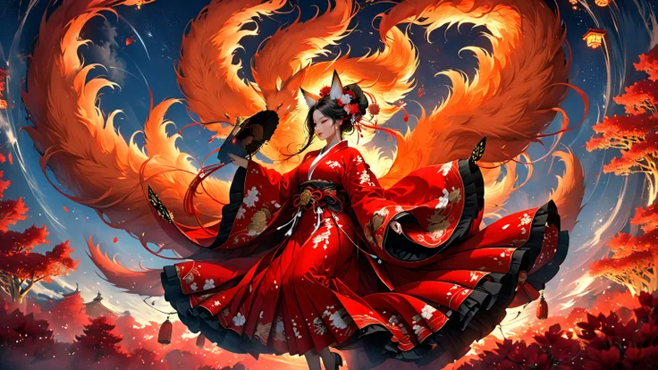 8k,masterpiece,A giant nine-tailed fox god flying in the sky, a Japanese shrine maiden in a red geisha-style kimono