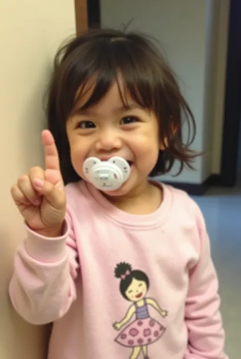  A , possibly between 3 and  ,  with dark brown hair and a pacifier .  She wears a light pink sweatshirt with a design of a girl dancing in it.  The girl is smiling broadly and raising a finger .  The quality of the image is somewhat blurry ,  which sugges...