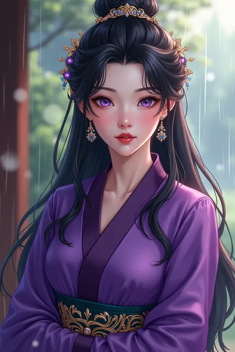  Danmei illustration of a beautiful experienced and serious lady with purple robes and a curved body,  purple eyes with blue and long black hair with jewels and half gathered in a bow . red plush lips ,  white complexion and freckles on her face ,  behind ...