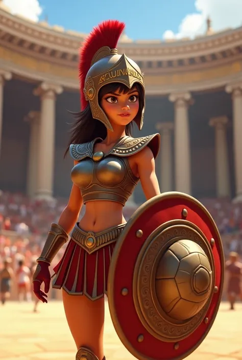 Animated Gladiator Nena version with the helmet that says Azcuénaga and a soccer ball on the shield
