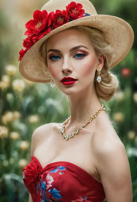 Watercolor-based paint, a work of art, (((photo from the waist up))), ((golden ratio)), a beautiful realistic woman, detailed face, crystal blue eyes, red lipstick, blonde hair tied up, hat red with a flower, chiaroscuro side light by golde houer, delicate...