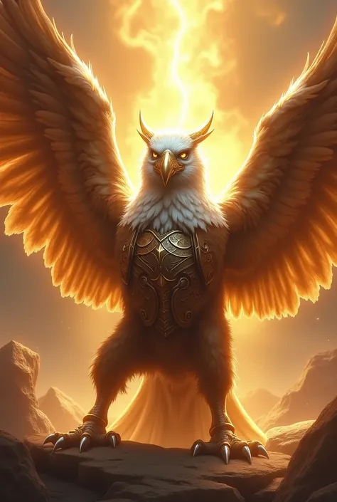 Make a griffin emanating power with a golden aura the griffin is white and brown with armor protecting the chest and the iron beak with silver claws crouched with the right leg in the front facing as if you could see me through the screen 