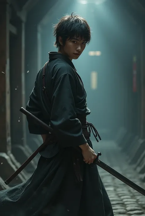   Make me a swordsman,  short hair, loose clothes, ninja skill .