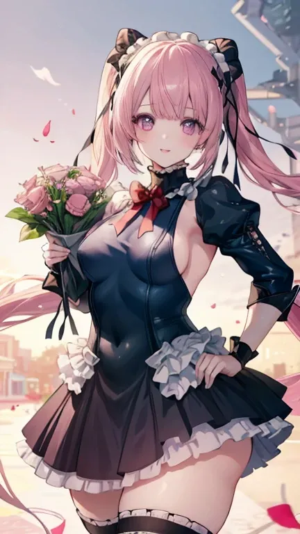 Pink Hair、Pink Eyes、girl、Small breasts、Bun Hair、girl、Small breasts、Lolita、Bright smile、Looks about 、Petan Musume、Short、目のhighlight、Sexy thighs、Flower Garden、color々The flowers are still blooming、bouquet、Rose Gothic Lolita Dress Costume、Your eyes are so beau...