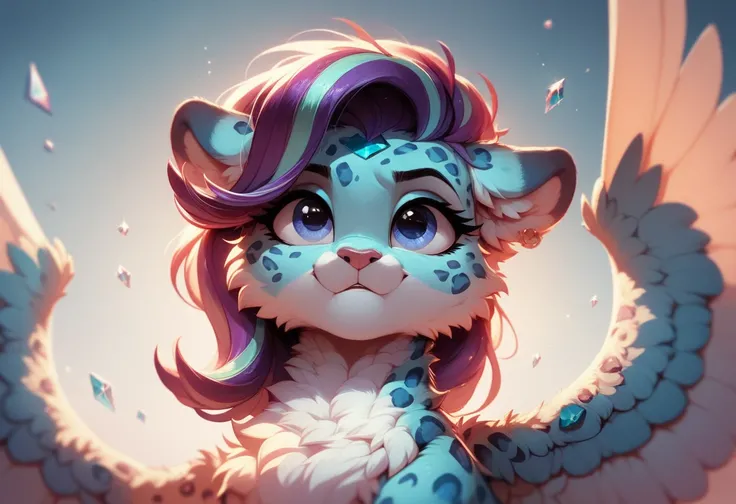 A winged leopard looks up,  her eyes harden with a mixture of determination and doubt.  Despite her resolution ,  there is a glimmer of insecurity in her eyes .  The crystals around her begin to shine softly ,  as if answering her dilemma 