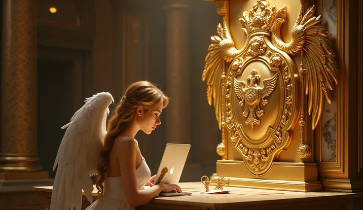 Create an image of a gold coat of arms with a sexy angel working on the computer 