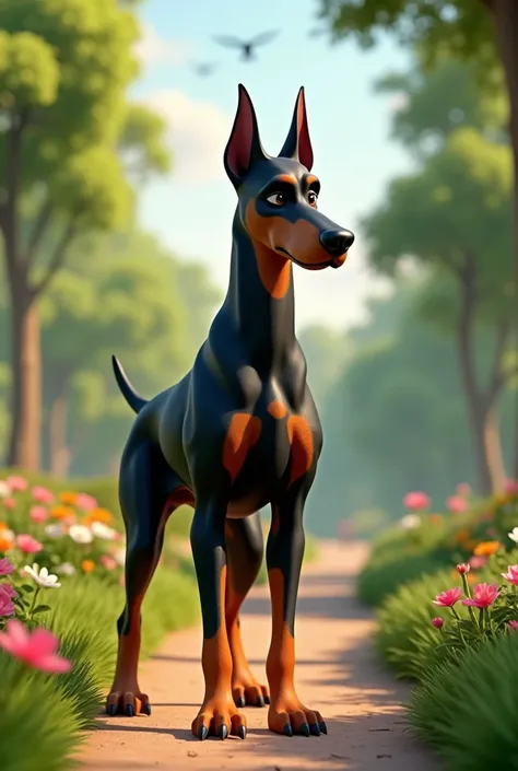 A Doberman dog animated in 3d in a park