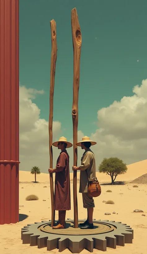 desert environment . A red column in front of two people with a vast or wooden stick each one each person in their hand are two wooden sticks on stage or two wooden sticks on stage one person has a tecolote on their head and the other person has a leather ...