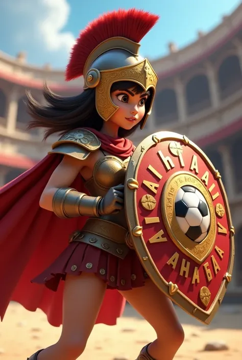 Animated gladiator girl  . with the helmet that says Azcuénaga on the shield and a soccer ball printed on the shield  
