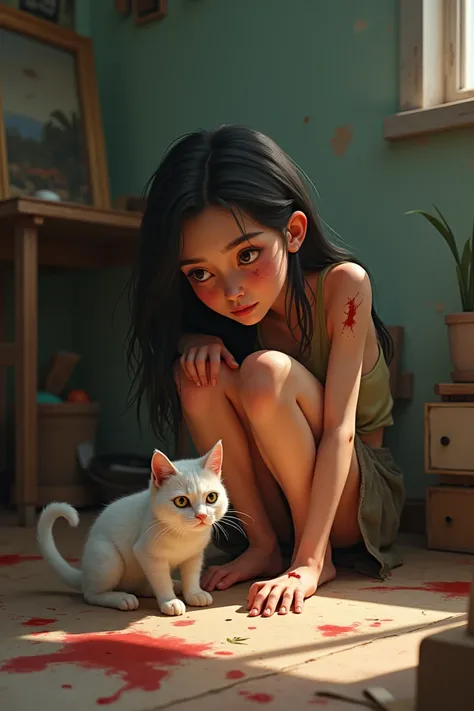 Pixar-type image alluding to the Day for the Fight against Violence against Women or to the use of animals as a practice of vicarious violence.  An image of an abused woman and her abused cat