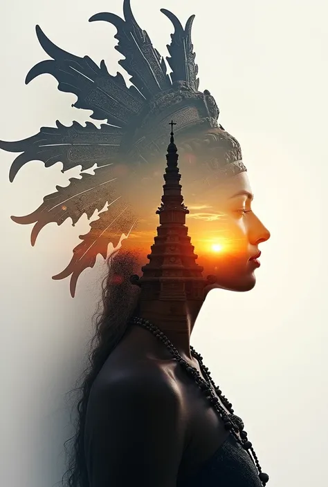 high quality, 8K Ultra HD, A beautiful double exposure that combines a mayan goddess silhouette with sunset tikal, sunset tikal should serve as the underlying backdrop, with its details incorporated into the goddess , crisp lines, The background is monochr...