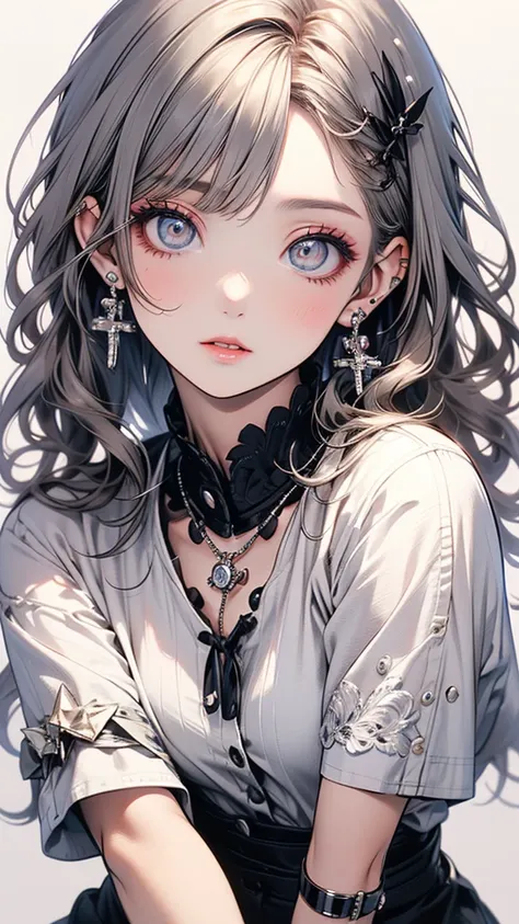 ( style top quality , masterpiece),  one girl,  beautiful girl ,  brown _Eye, ((hair color [Silver hair], [前hairありのピクシーカット] hair)), earrings, lips, Short sleeve, realistic,  tight waist , charm, bright makeup, Long Eyelashes, light skin, (Cute), ( detailed...