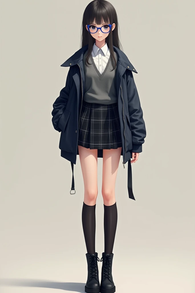 Kaomi in a black and navy blue plaid mini-skirt, paired with a crisp white button-up shirt. Over this ensemble, she wears a grey argyle vest, and as a charming contrast, she sports a pair of round blue geek-chic glasses. To complete the look, she has knee-...