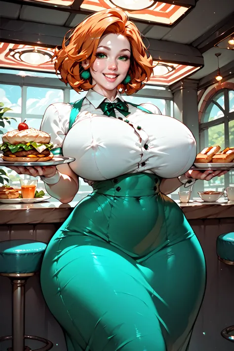 A beautiful female waitress serving food at a vintage restaurant, copper hair, green eyes, very pale white skin, freckles, large breasts, covered large erect nipples, tiny waist, hyper-massive hips, friendly smile