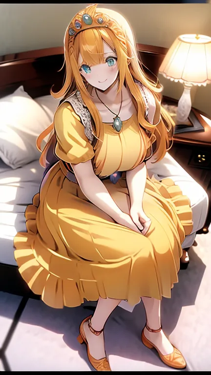 browsing caution, masterpiece, highest quality, dq laura, tiara, orange hair, long hair, big , teeth, necklace, yellow dress, el...