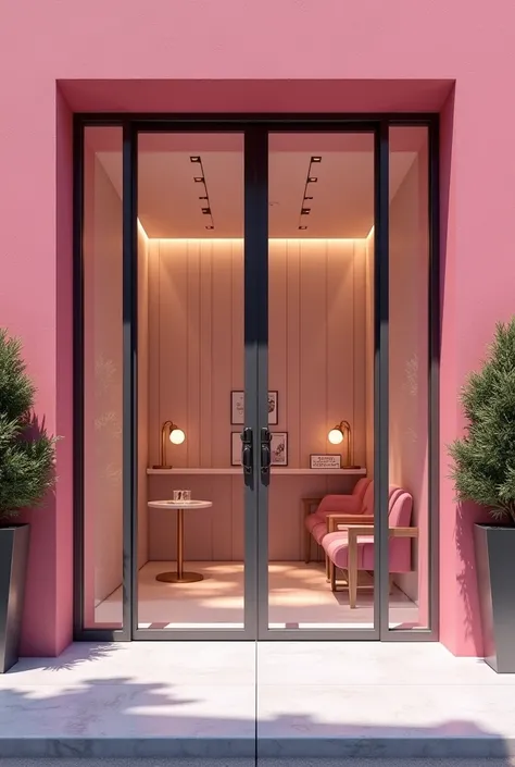 Elegant entrance to a nail spa that faces the street, which has two large glass doors and a pink wall