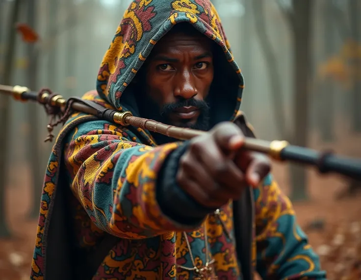 realism,  while cinematic  ,  A black man pointing a Steampunk spear ,  pointing at the enemy , attack expression,  wearing a hoodie ,  covered with a fabric with colorful Afro-cultural prints, many details,  full body view . while perfect 