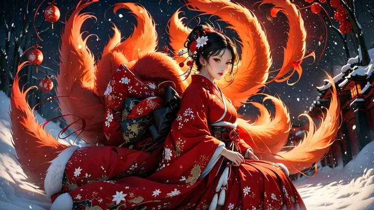 8k,masterpiece,On a snowy Christmas night, a Japanese shrine maiden in a red geisha-style kimono rides on the back of a giant nine-tailed fox flying through the air