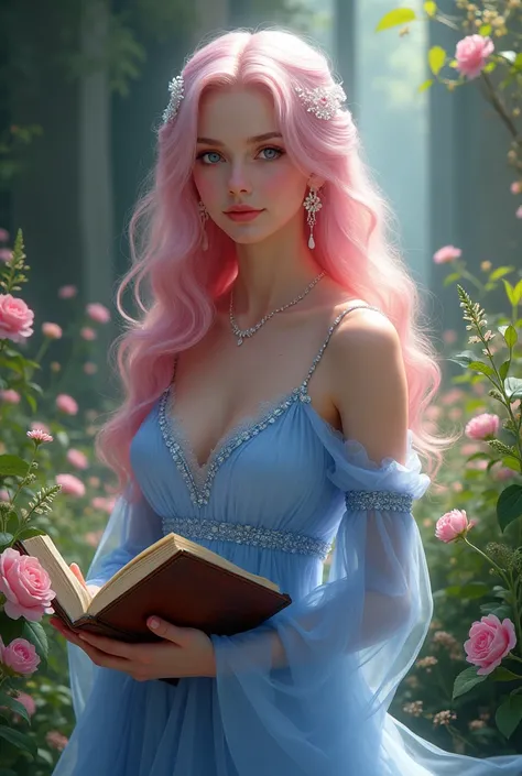 a beautiful woman with long light pink flowing hair, violet eyes, wearing an elegant light blue dress with sliver accents, book in hand, outdoor garden setting, dramatic lighting, fantasy art style, vibrant colors, highly detailed, photorealistic, royalty,...