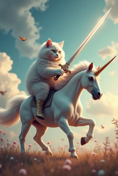 Britsh short haircut cat rides on unicorn with a sword in hand