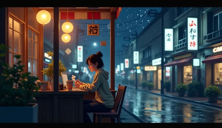 a coffee shop in japan on a rainy day, the window with raindrops in a cozy atmosphere coffee shop with a young woman working on her computer drinking her coffee the coffee shop full of lights and the shops outside with their illuminated signs the dark nigh...