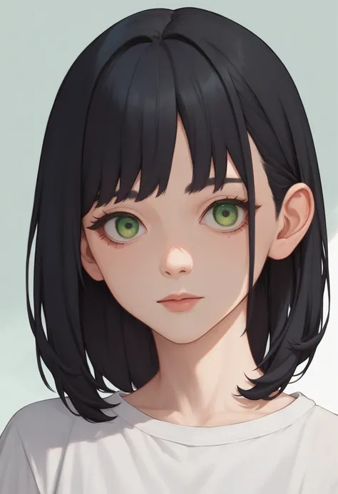 score_9, score_8_up, score_7_up, source_anime, best quality, clear face,cool girl, black hair, green eyes, medium hair, large, perfect body,black pants,plain white shirt,dimple design,straight hair,serius,