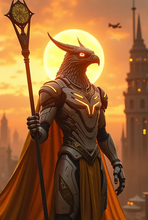  Create a hyper-realistic, cinematic image De Ra reimagined as a futuristic god in a cyberpunk setting.  Show a majestic figure with the head of a robotic falcon ,  with eyes shining in shades of gold like the rising sun .  His armor is made of metallic an...