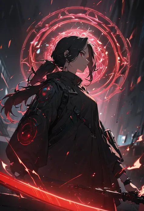 A woman,matured ,  perfect anatomy , cyberpunk gas mask,long ponytail hair(black hair),Aura wheels, red magic circle , long samurai sword ,  cinematic lighting ,  cinematic perspective ,