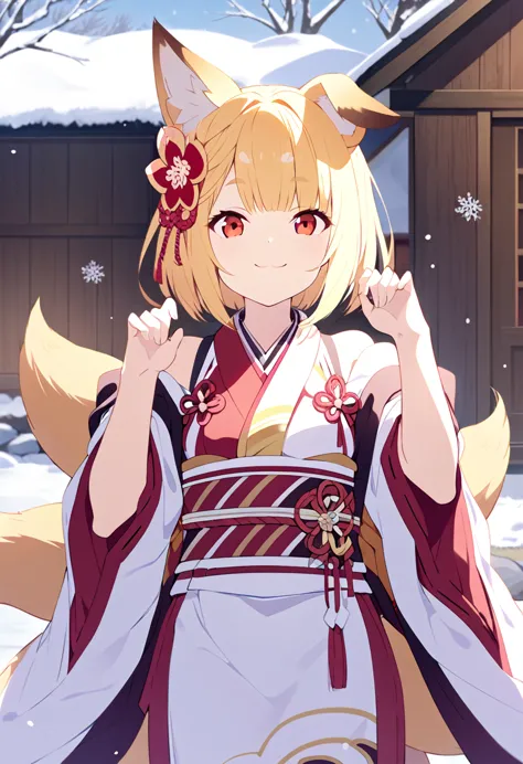 best quality、 very cute 、細身の体、 very small breasts、fox ears and tail、red eyes、yellow long hair 、 hair that flutters like、snow sce...