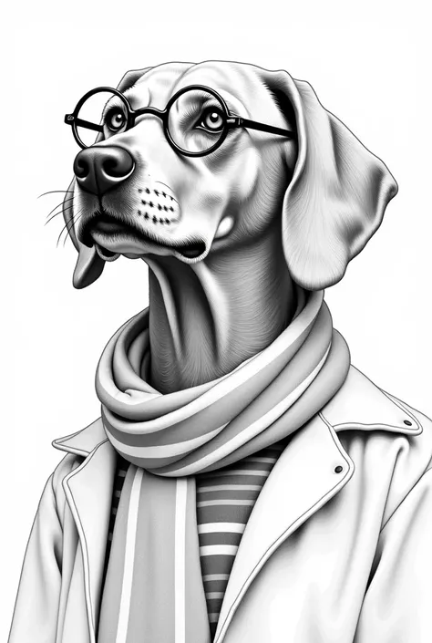 Beautiful realistic Vizsla in Harry Potter costume with glasses with scar in the form of lightning on the side of the forehead with striped scarf and in Peaky Blinders style as a coloring page in black and white