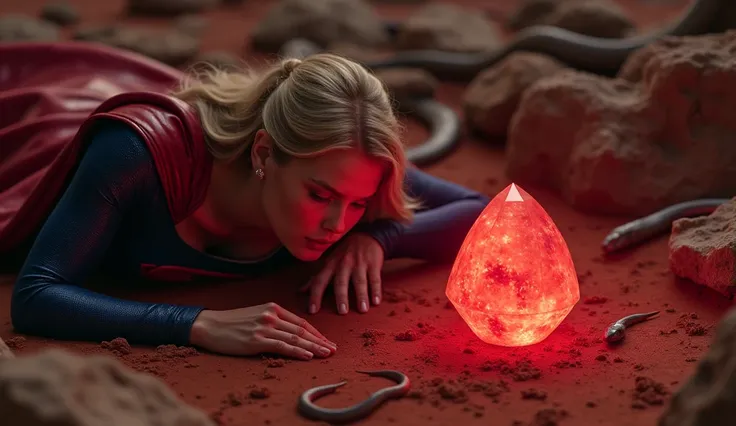 the supergirl, wearing the colors of her outfit, showing silicone breasts, looking at a red diamond stone very closely, she is passed out on the floor, with blood on her face, the stone is releasing red gas, in the middle of rocks, in a planet with red soi...