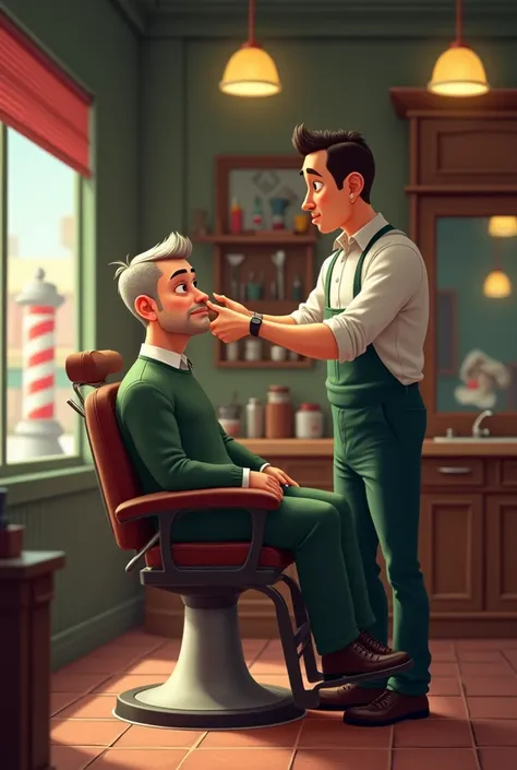 I would like to create a gif-like animation of a man cutting his hair in a barber shop 
