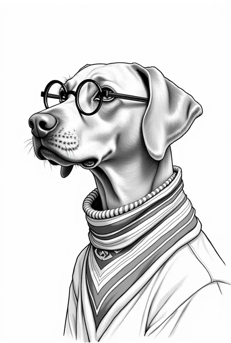 Beautiful realistic Vizsla in Harry Potter costume with glasses with scar in the form of lightning on the side of the forehead with striped scarf and in Peaky Blinders style as a coloring page in black and white