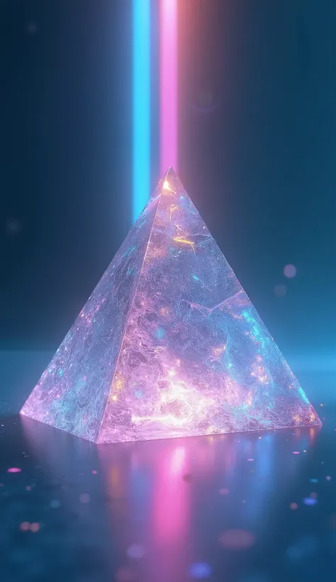 Transparent light pyramid with colored light band passing through the back,  vibrant colors, blue background 