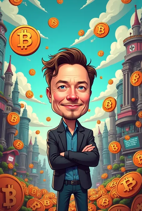 Elon Musk on cartoons with lots of Bitcoin 
